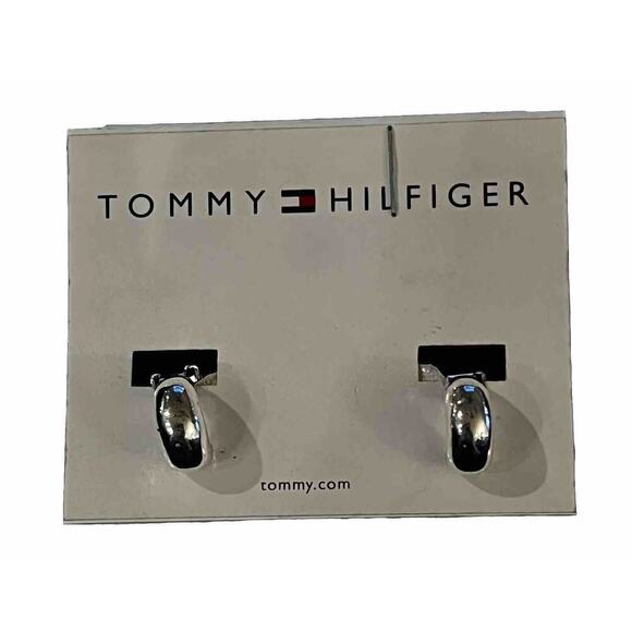 TOMMY HILFIGER SILVER TONE Half Loop Clip On EARRINGS - Vintage NOS - Picture 1 of 6